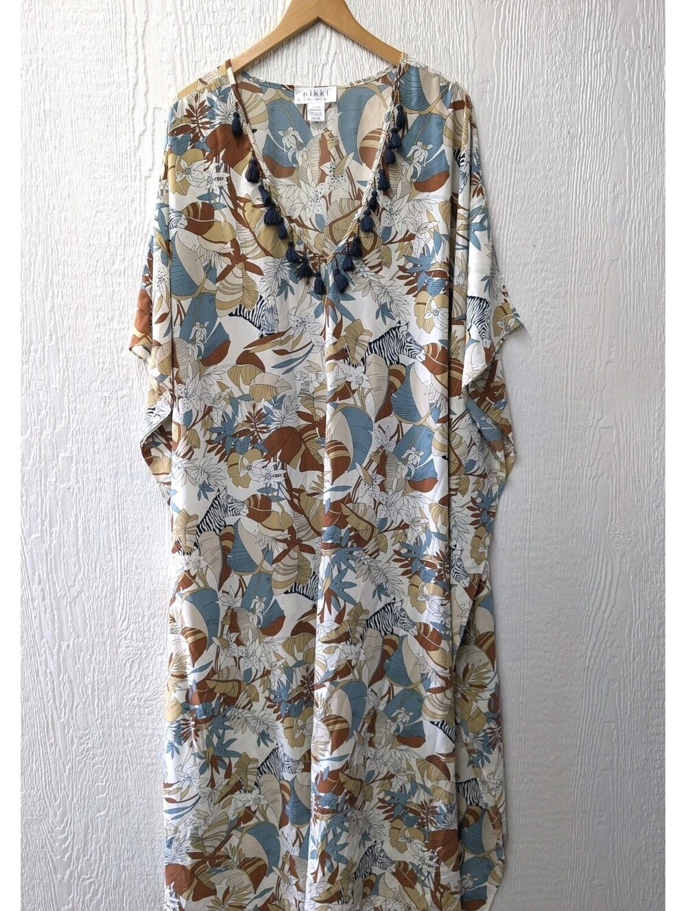 Nikki Poulos Caftan Kaftan Maxi Dress Zebra Tassels Beach Safari Travel One Size